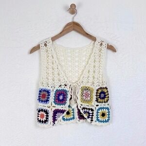 SHEIN Crochet Granny Square Vest Multicolor Boho Tie Front White Small Festival